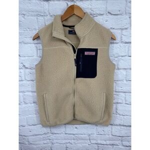 Vineyard Vines Boys Stillwater Sherpa Fleece Vest Tan Navy Preppy Zip Up Sz L 16